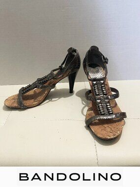 Bandolino Metallic Pewter Snake Print Studded Cork Heeled Sandals Size 9.5M